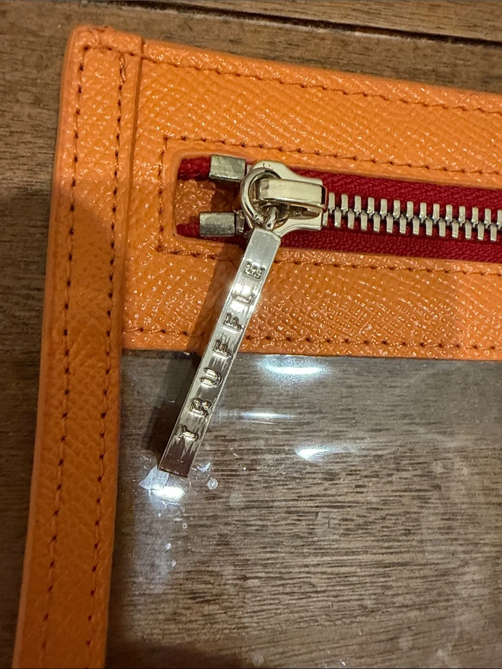 Truffle Clarity Clutch Small Clear Cosmetic Pouch with Orange Trim & Gold Zipper